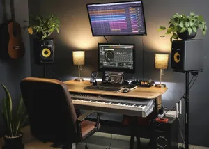 a desk with a keyboard and a monitor jigsaw puzzle