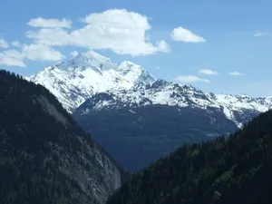 Scenic view of snow-capped mountains and lush forest in daylight, perfect for nature lovers. jigsaw puzzle