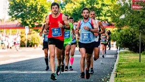 Group of male runners participating in an outdoor marathon on a sunny day, displaying athletic endurance. jigsaw puzzle