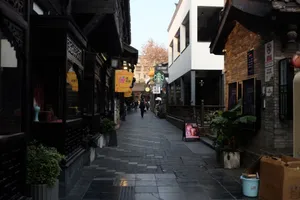 Explore a picturesque Chinese alley with traditional architecture and modern shops. jigsaw puzzle