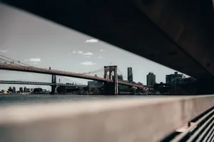 Scenic view of Brooklyn Bridge spanning East River against New York City's skyline. jigsaw puzzle