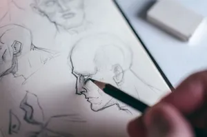 Detailed image of a hand sketching a human face in a sketchbook, emphasizing creativity. jigsaw puzzle