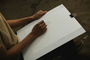 Artist focused on sketching a portrait in dim indoor lighting, creating art. jigsaw puzzle