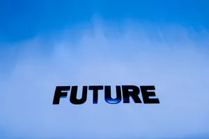 The word 'Future' in bold letters against a bright blue abstract background. jigsaw puzzle