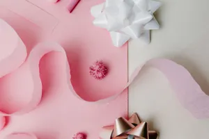 Stylish flat lay of pink and white gift wrapping supplies on a pastel background. Ideal for celebrations. jigsaw puzzle