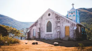 white and blue church building jigsaw puzzle