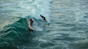 Two surfers riding waves, showcasing dynamic surfing skills on a sunny day. jigsaw puzzle