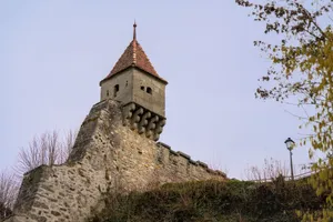 Stone tower in Estavayer-le-Lac, Switzerland, showcasing medieval architecture. jigsaw puzzle