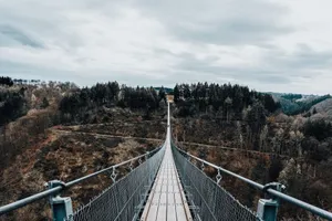 A dramatic view of a suspension bridge spanning a dense coniferous forest under a cloudy sky. jigsaw puzzle