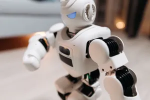 Close-up of a futuristic toy robot with blue eyes, showcasing modern technology indoors. jigsaw puzzle
