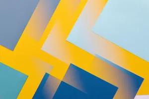 Vibrant abstract geometric pattern featuring overlapping blue and yellow rectangles. jigsaw puzzle