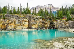 Turquoise water flows past rocky cliffs and pine trees. jigsaw puzzle