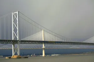 White suspension bridge over water on a cloudy day. jigsaw puzzle