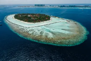 Breathtaking aerial shot of a lush tropical island surrounded by vibrant turquoise waters, ideal for vacation. jigsaw puzzle
