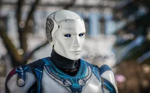 Close-up of a futuristic humanoid robot with metallic armor and blue LED eyes. jigsaw puzzle