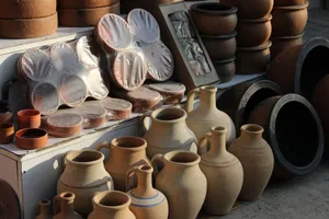 Assorted clay pottery pieces displayed at a local outdoor market. jigsaw puzzle