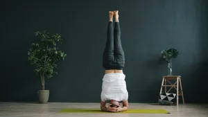 Woman performing a headstand yoga pose indoors. jigsaw puzzle