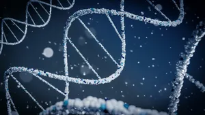 dna double helix render on blue jigsaw puzzle