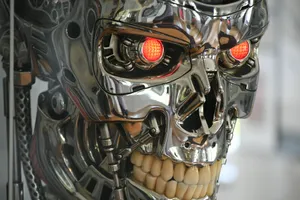 Chrome robotic skull with glowing red eyes. jigsaw puzzle