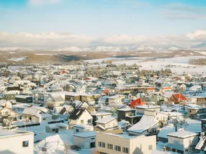 Aerial view of a snow-covered village in Hokkaido, Japan, showcasing scenic winter landscapes. jigsaw puzzle