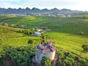 A group of people enjoying a panoramic view from a high vantage point over lush green fields. jigsaw puzzle