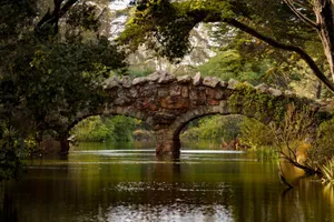 Picturesque stone bridge over serene water in Golden Gate Park, San Francisco. jigsaw puzzle