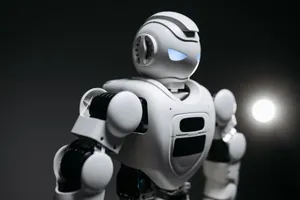 High-detail close-up image of a white robot with glowing eyes in studio lighting. Modern tech innovation. jigsaw puzzle