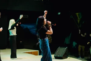 Energetic female musician singing live on stage with arm raised in front of an audience. jigsaw puzzle