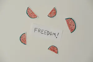 Artistic watermelon illustration surrounding the word 'Freedom' on paper. jigsaw puzzle