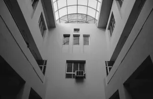 Black and white architectural view of an indoor atrium featuring a glass skylight. jigsaw puzzle