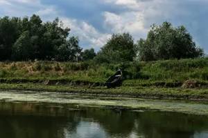 A small wooden boat pulled onto a grassy riverbank under a cloudy sky. jigsaw puzzle