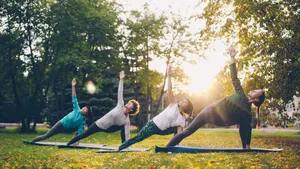 People practicing yoga in a park at sunset jigsaw puzzle