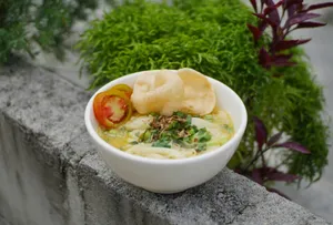 a white bowl filled with food next to a plant jigsaw puzzle