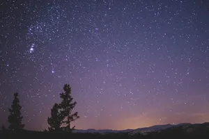 A stunning view of a star-filled night sky with silhouetted trees and distant mountains, perfect for stargazing enthusiasts. jigsaw puzzle