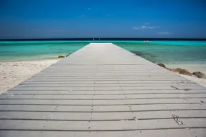 A serene tropical jetty leading into clear turquoise waters under a blue sky. jigsaw puzzle